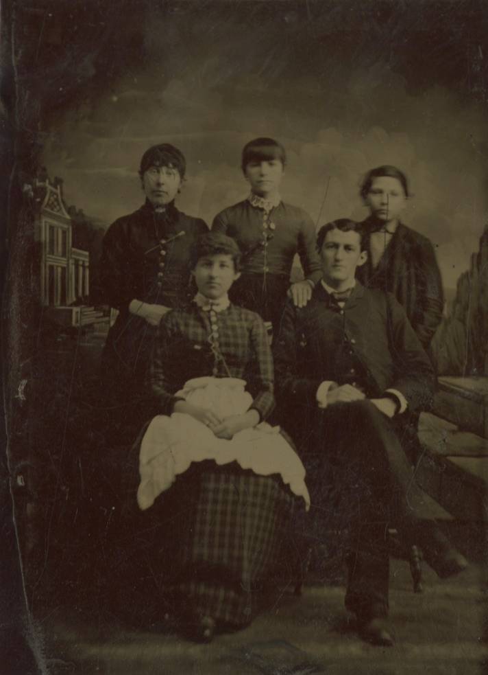 tintype portrait of 5 young adults